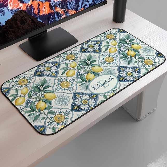 Blue Tile Monogram French Country Lemon Pattern Desk Mat (Creator Uploaded)