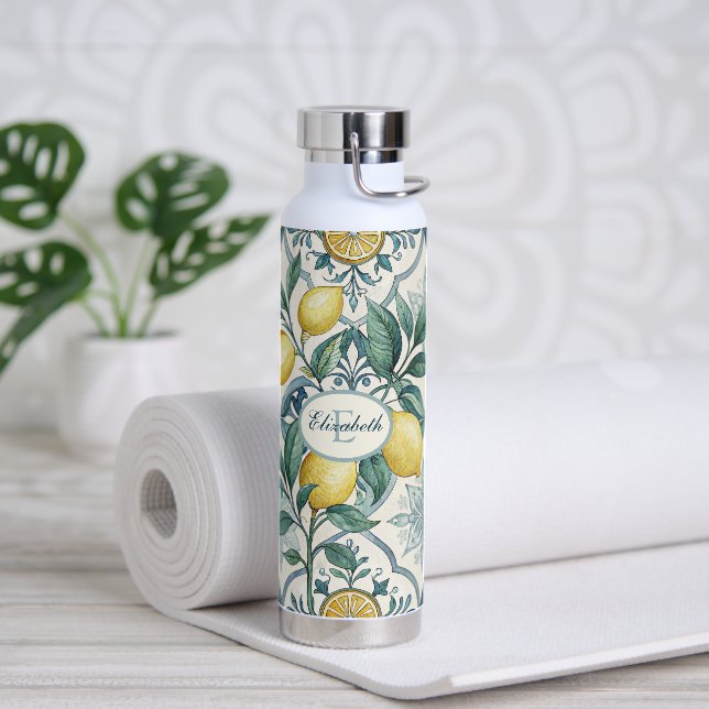 Blue Tile Monogram French Country Lemon Pattern Water Bottle (Yoga)