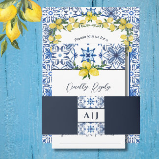 Blue Tile Monogram Italian Wedding Invitation Belly Band