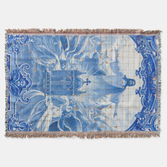 Blue tile mosaic of jesus, Portugal Throw Blanket (Front)