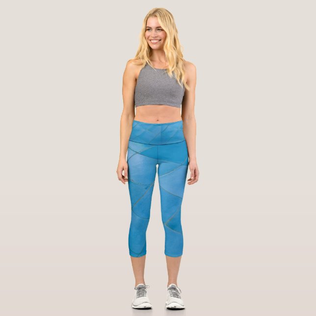 Blue tile pattern on capri leggings (Front)