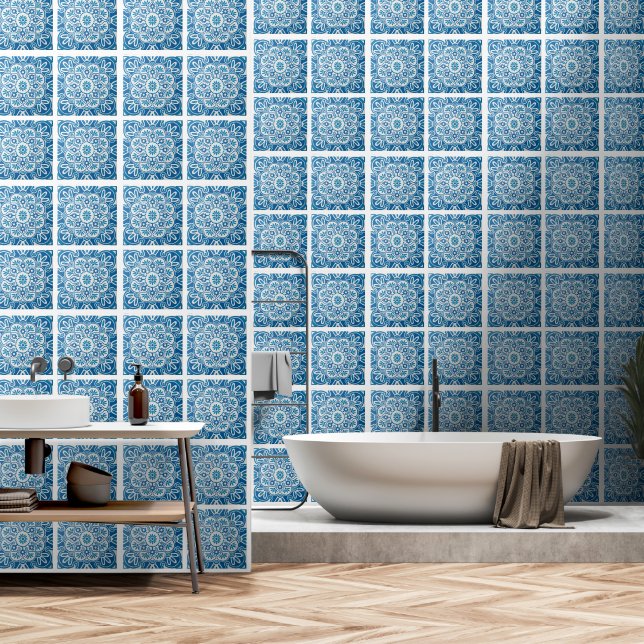 Blue tile pattern Wallpaper 2' x 4' (Bathroom)