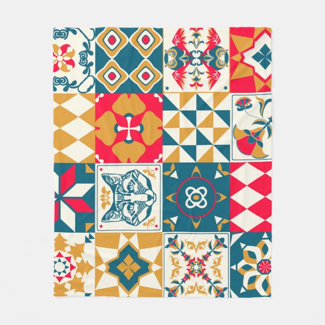 Blue Tile: Vintage Mosaic Background. Fleece Blanket (Front)