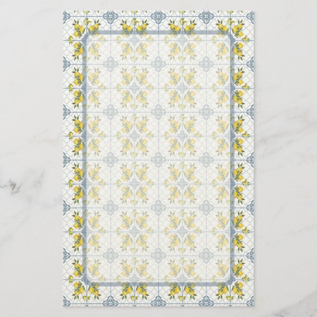 Blue Tile Watercolor French Country Lemon Pattern Stationery (Front)