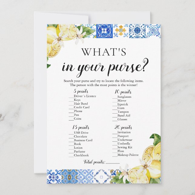 Blue Tile What's In Your Purse Bridal Shower Game Invitation (Front)