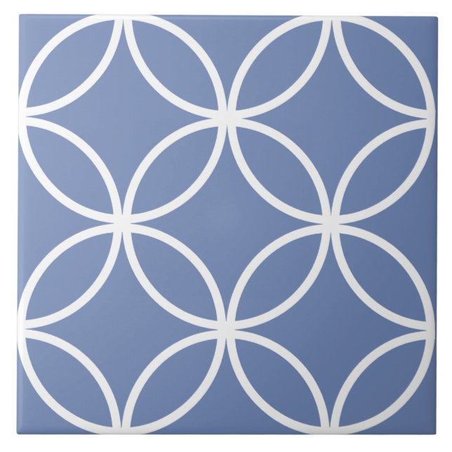 Blue tile, white repeating circle leaf pattern tile (Front)