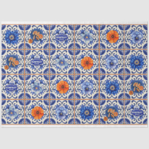 Blue tile with orange flowers decoupage tissue paper