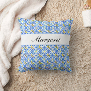Blue Tile Yellow Lemon Watercolor Monogram Name Cushion