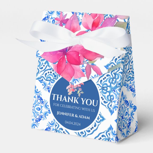 Blue Tiles Amalfi Floral Wedding Thank You Bag Favour Box (Front Side)