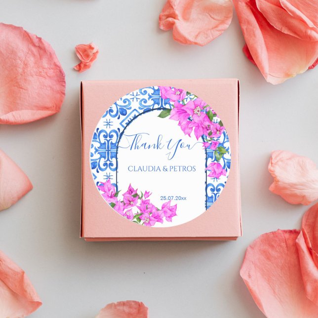 Blue Tiles and Bougainvillea elegant thank you Classic Round Sticker (Creator Uploaded)