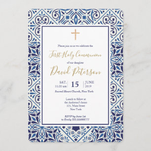 Blue tiles and gold cross Communion Invitation