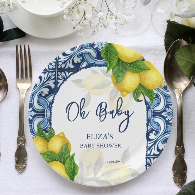Blue tiles and lemon Amalfi Positano baby shower Paper Plate (Blue tiles and lemon Amalfi Positano Mediterranean baby shower template Paper Plates personalized)