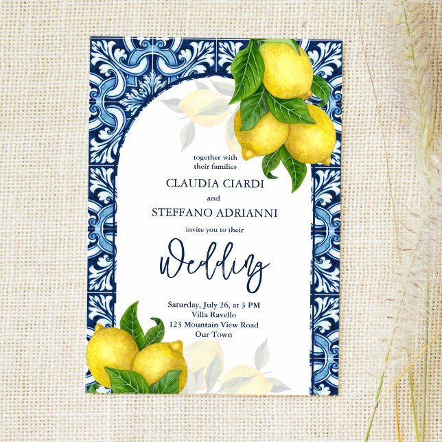 Blue tiles and lemon Amalfi Positano wedding Invitation (Creator Uploaded)