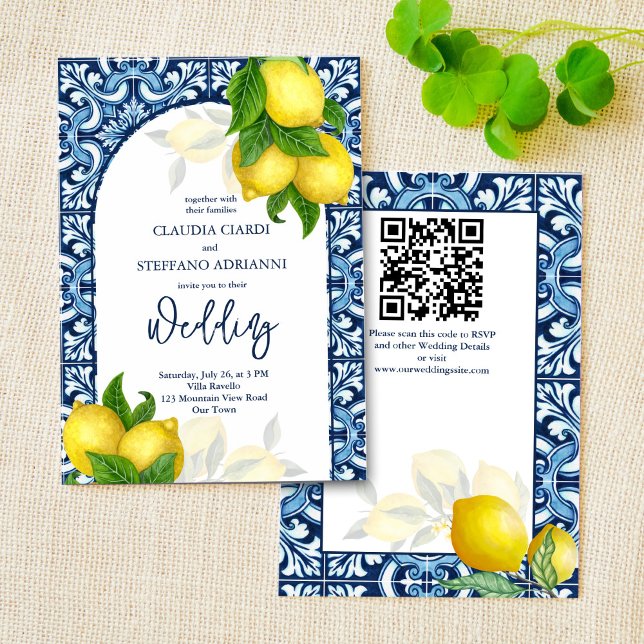 Blue tiles and lemon Amalfi Positano wedding Invitation (Creator Uploaded)