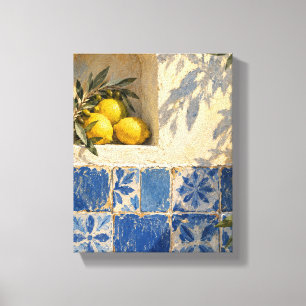 Blue Tiles and Lemon Shadow - Mediterranean Still Canvas Print