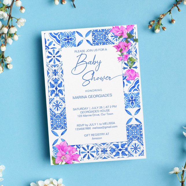 Blue Tiles Bougainvillea elegant baby shower Invitation (Creator Uploaded)