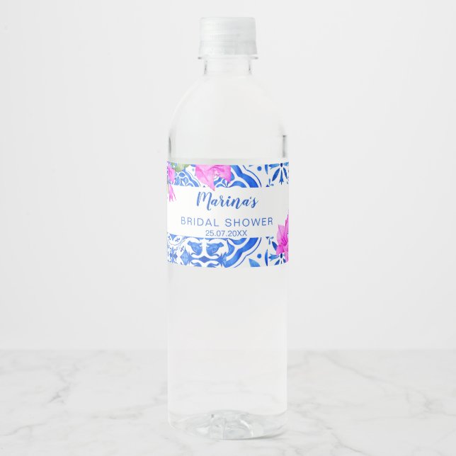 Blue Tiles Bougainvillea elegant bridal shower Water Bottle Label (Front)