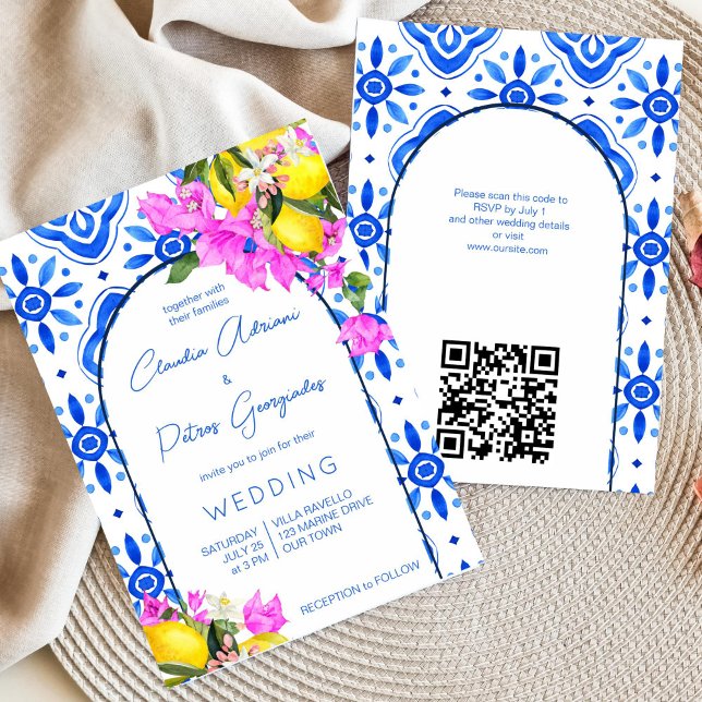 Blue Tiles Bougainvillea lemons elegant wedding  Invitation (Blue tiles lemon bougainvillea Mykonos Santorini Greek Amalfi Mediterranean themed wedding invite )