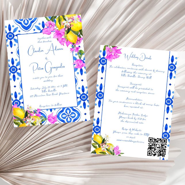Blue Tiles Bougainvillea lemons elegant wedding  Invitation (Blue Tiles Bougainvillea lemons Mediterranean elegant wedding all in one Invitation template)