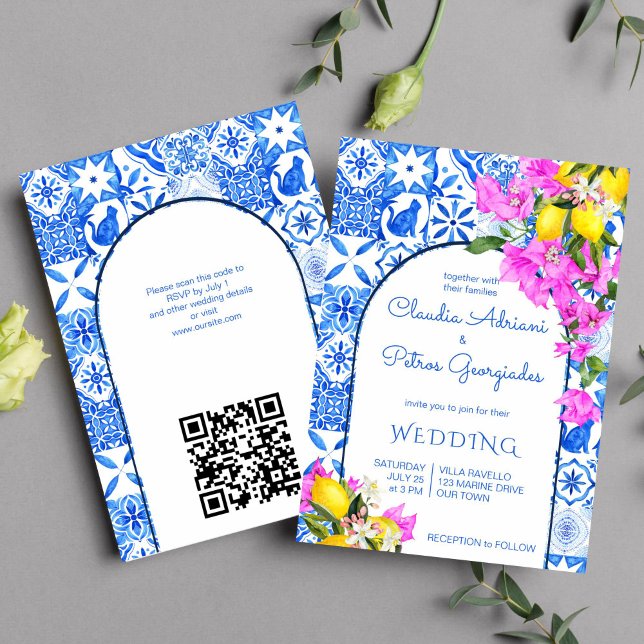 Blue Tiles Bougainvillea lemons elegant wedding  Invitation (Blue tiles bougainvillea lemons Greek Mediterranean themed wedding invitation template instant)