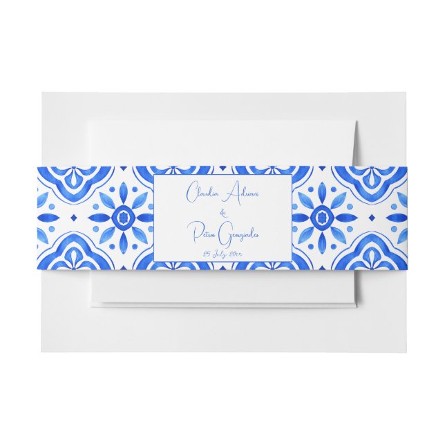 Blue Tiles Bougainvillea lemons elegant wedding  Invitation Belly Band (Front Example)