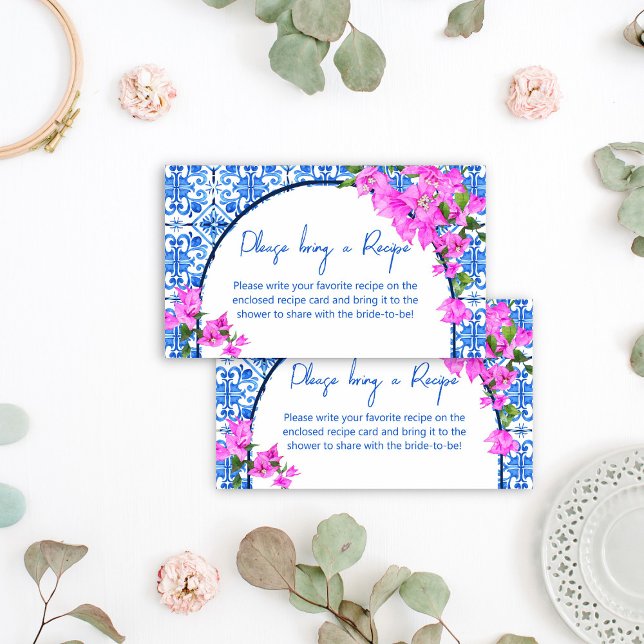 Blue Tiles Bougainvillea Mediterranean Recipe card (Blue Tiles Bougainvillea Mediterranean themed bridal shower Recipe enclosure card)