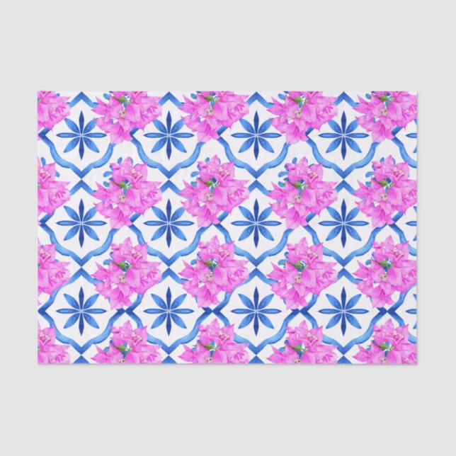 Blue Tiles Bougainvillea Mediterranean themed Tissue Paper (Front)