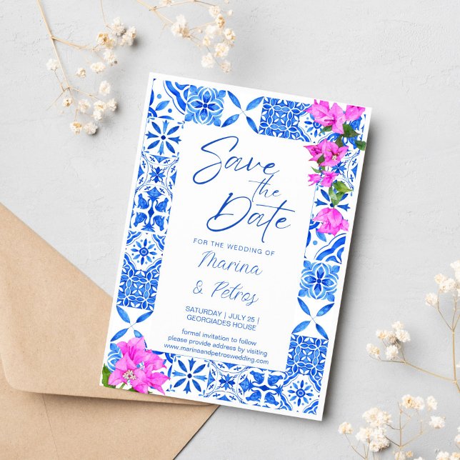 Blue Tiles Bougainvillea photo save the date Invitation (Creator Uploaded)