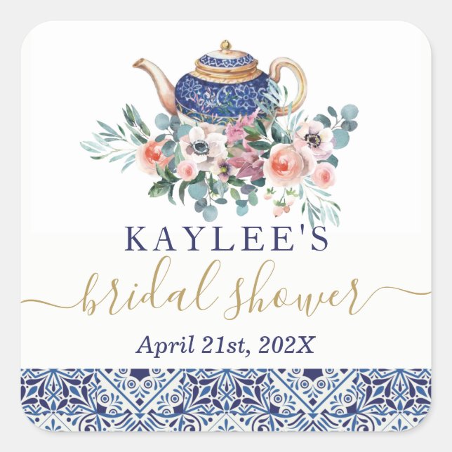 Blue tiles Bridal Shower tea favour sticker (Front)