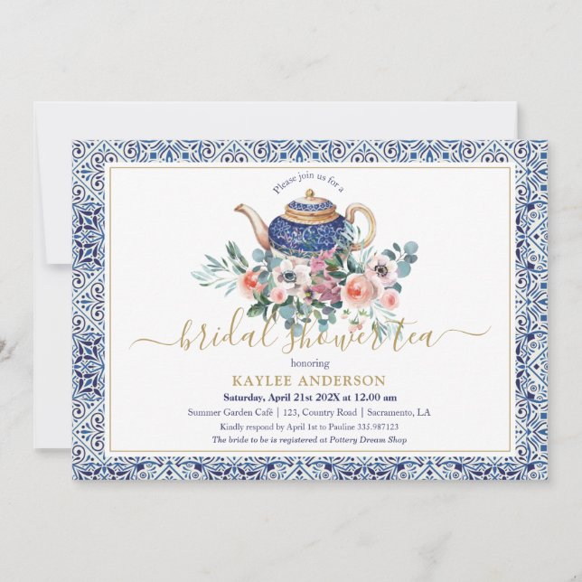  Blue tiles Bridal Shower tea invitation card (Front)