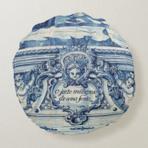 Blue tiles from Portugal Round Cushion
