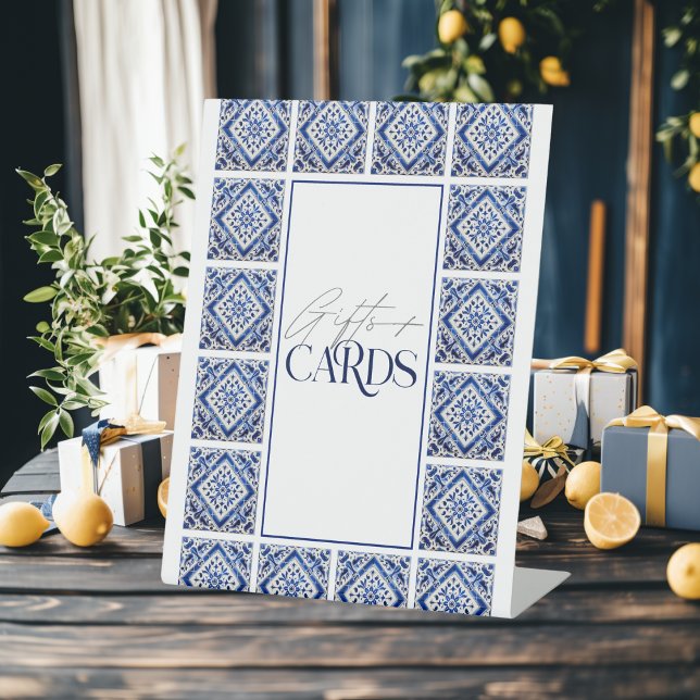 Blue Tiles Gifts Cards Mediterranean Bridal Shower Pedestal Sign (Creator Uploaded)