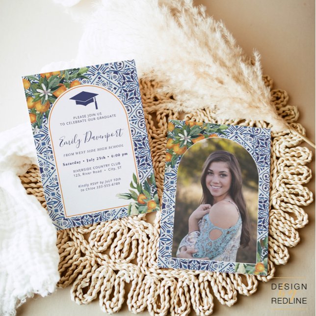 Blue tiles Graduation Invitation Photo on back (Creator Uploaded)