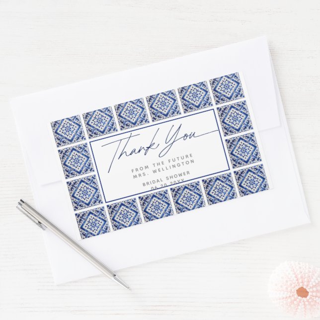 Blue Tiles Italian Mediterranean Bridal Shower Rectangular Sticker (Envelope)