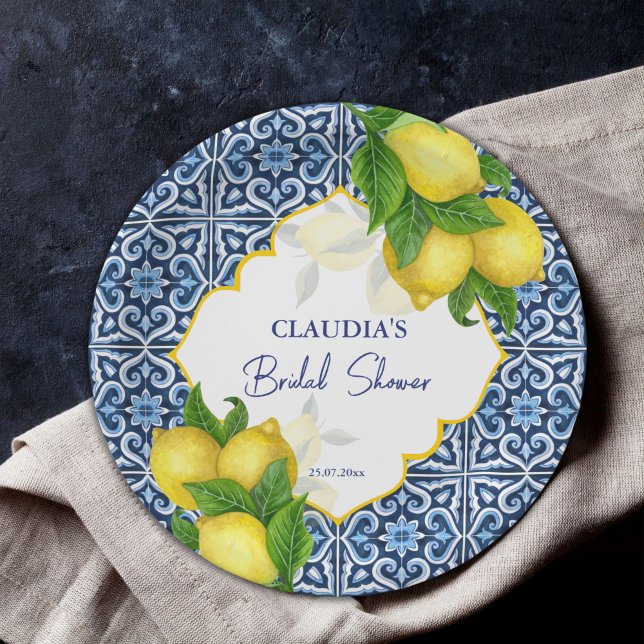 Blue tiles lemon Amalfi bridal shower party Paper Plate (Creator Uploaded)