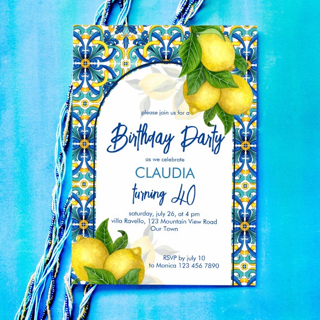 Blue tiles lemon Amalfi Positano birthday party Invitation (Creator Uploaded)