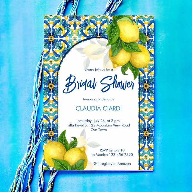 Blue tiles lemon Amalfi Positano bridal shower Invitation (Blue tiles lemon Amalfi Positano bridal shower Invitation editable template digital download)