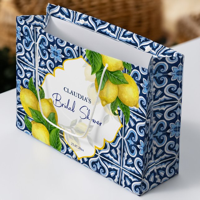 Blue tiles lemon Amalfi Positano bridal shower Large Gift Bag (Blue tiles lemon Amalfi Positano bridal shower Large Gift Bag)