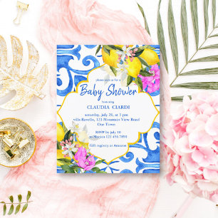 Blue tiles lemon baby shower budget invitation
