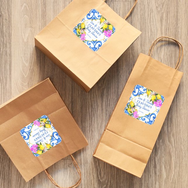 Blue tiles lemon Bougainvillea Amalfi baby shower Square Sticker (Creator Uploaded)