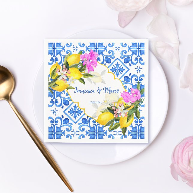 Blue tiles lemon Bougainvillea custom wedding Napkin (Creator Uploaded)