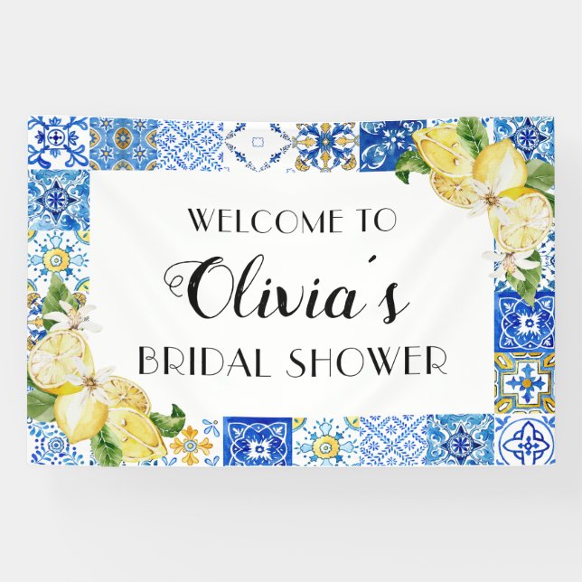 Blue Tiles Lemon Bridal Shower Welcome Banner (Horizontal)