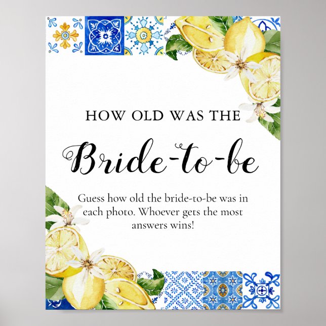 Blue Tiles Lemon How Old was the Bride Shower Sign (Front)