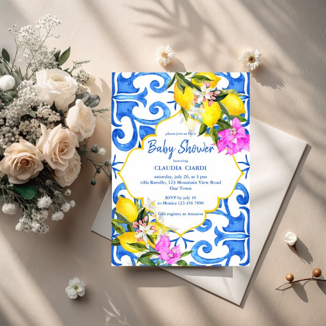 Blue tiles lemon Italian baby shower Invitation (Blue tiles lemon bougainvillea  Italian baby shower Invitation cards template gender neutral )