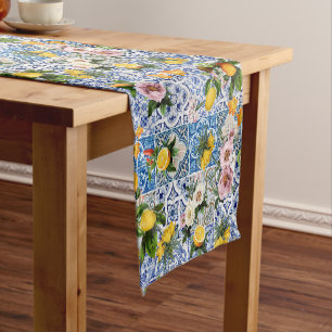 Blue tiles lemon Mediterranean Short Table Runner