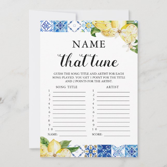 Blue Tiles Lemon Name That Tune Bridal Shower Game Invitation (Front)
