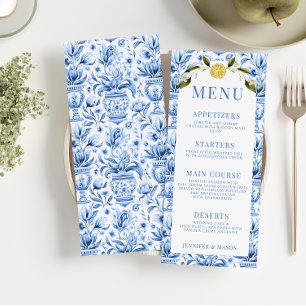 Blue tiles lemon porcelain wedding menu cards