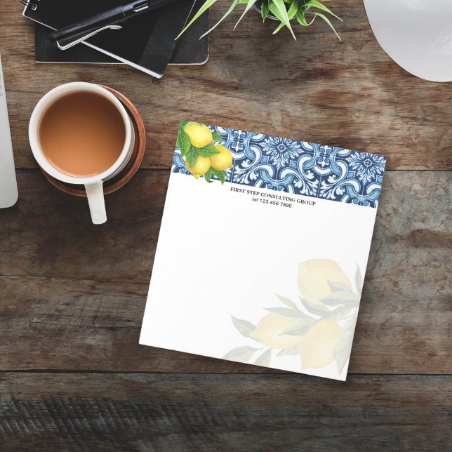 Blue tiles lemons Amalfi Positano personalised Notepad (Blue tiles and lemons personalized notepad Amalfi Positano Italian themed Majolica Mediterranean)