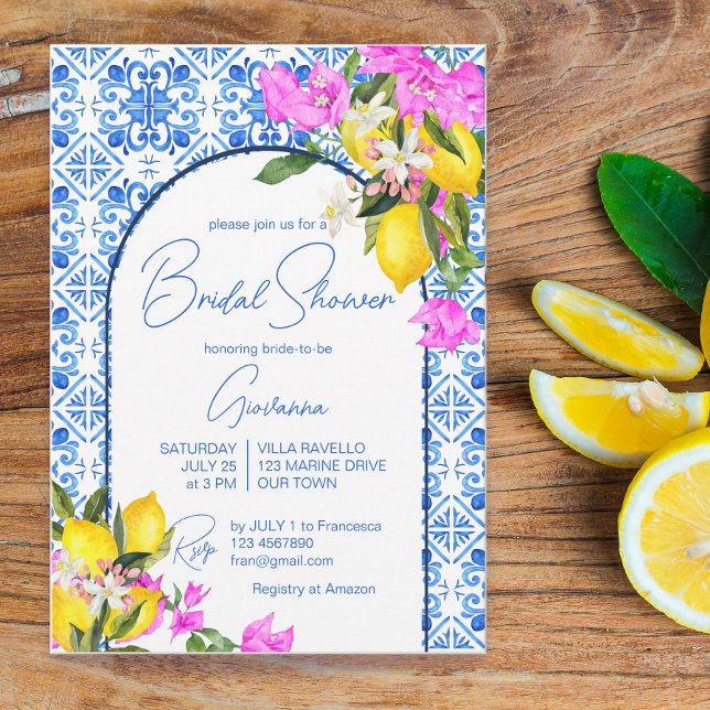 Blue Tiles Lemons Bougainvillea Mediterranean Invitation (Creator Uploaded)