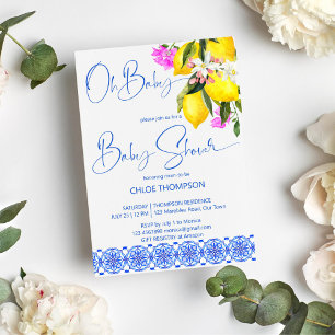 Blue tiles lemons bougainvillea oh baby shower invitation